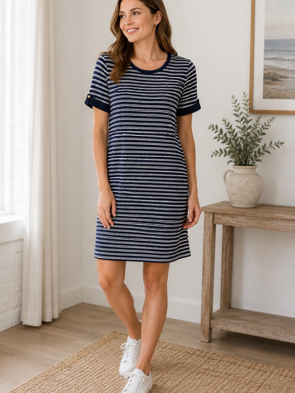 Tommy Hilfiger Striped Navy Short Sleeve cotton Dress in size large
